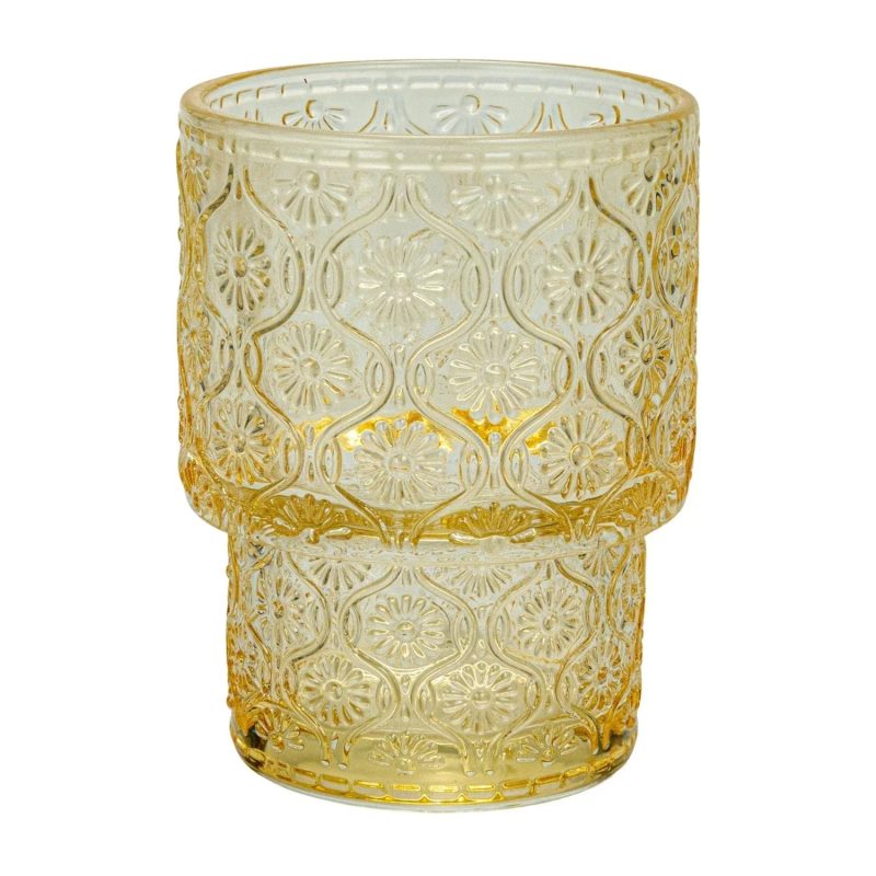 trendy bohemian yellow glass candle wood tray embossed glass 769