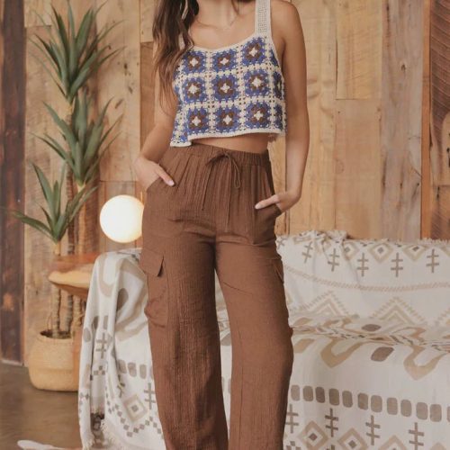 trendy bohemian young woman crocheted wide leg drawstring cargo 255