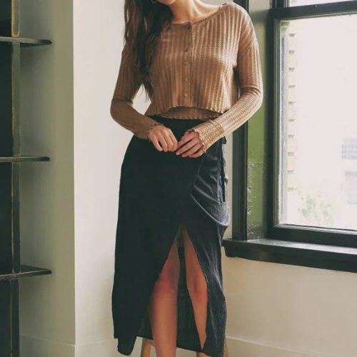 trendy bohemian young woman cropped wrap tie midi skirt daisy lane 506