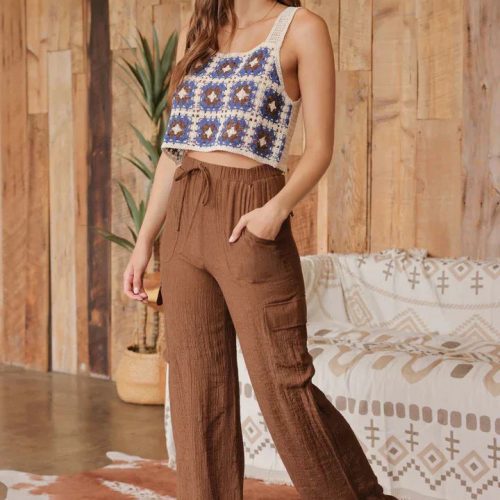 trendy bohemian young woman patterned wide leg drawstring cargo 306